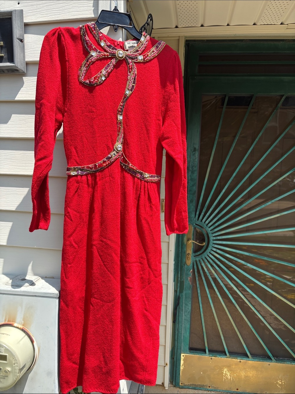 Vintage Pat Sandler Red Long Sleeve Dress with Decorative Embellishment